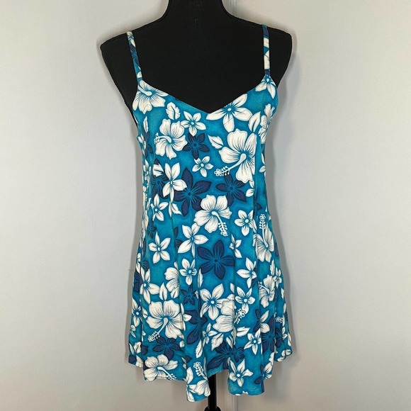 Vintage Blue Floral Hibiscus Dress Beach Cover Up Made In Bali - Picture 1 of 8